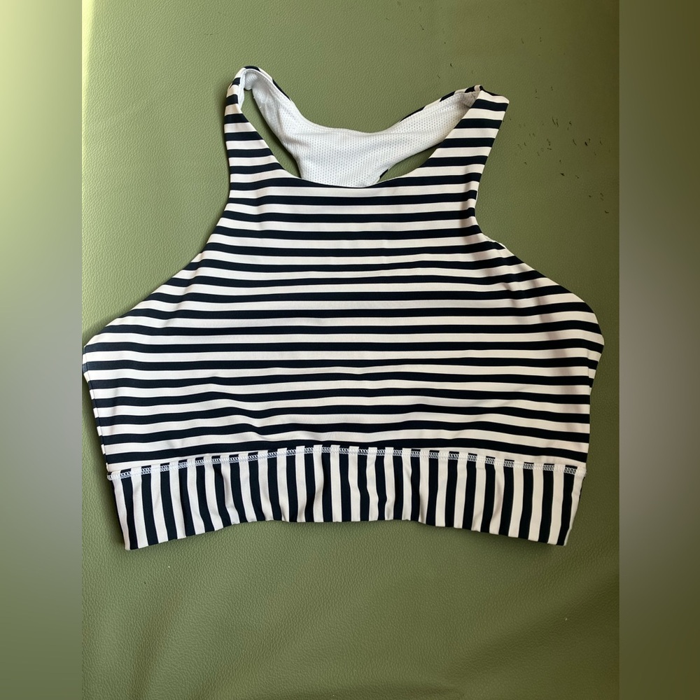 Athleta High Neck Racerback Sports Bra Navy White Stripe Size S